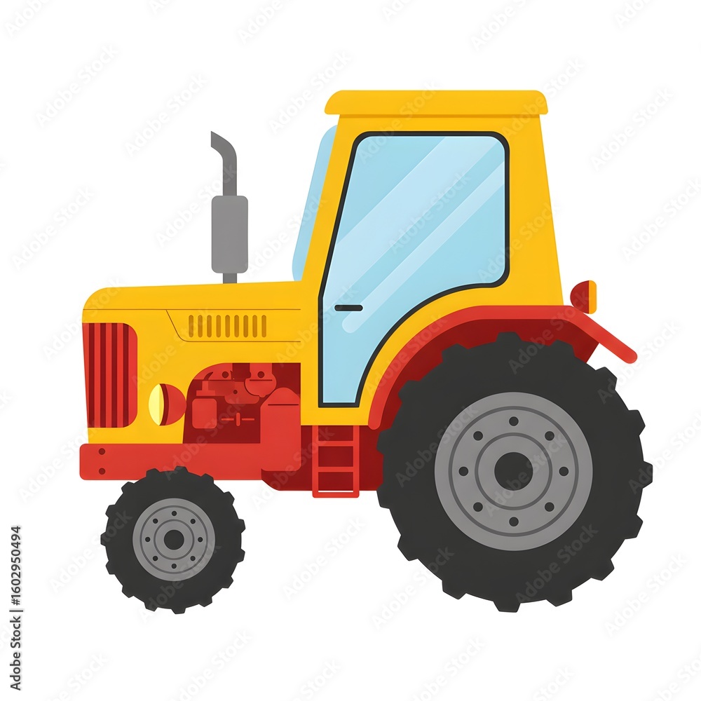 Naklejka premium Flat Vector Yellow–Red Farm Tractor Side View, Isolated on White Background