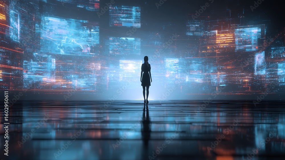 Fototapeta premium Silhouette Woman Facing Futuristic Holographic Data Interface; Cyberpunk, Sci-Fi, Technology Concept.