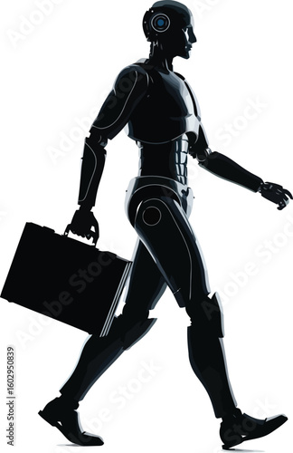 A futuristic robot walking with a briefcase isolated on white background