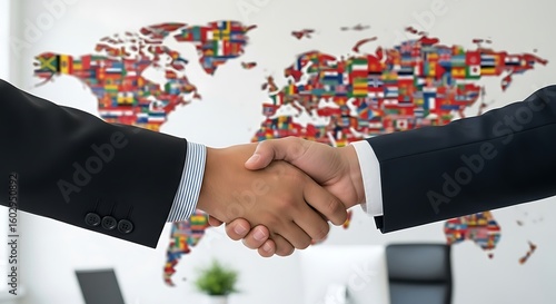 Two business people shaking hands in front of a world map covered in flags symbolizing global business deals and international partnerships