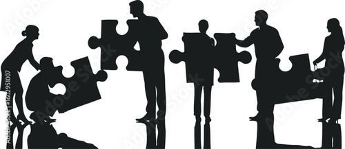 Silhouettes of people working together to assemble puzzle pieces isolated on white background