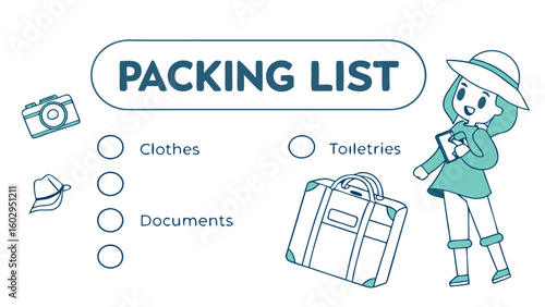 Illustration of a packing list with clothes, toiletries, documents, camera, hat, suitcase and a girl ready to go