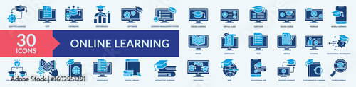 Online learning icon collection set with virtual class, online course, learning management system, ebook, digital library