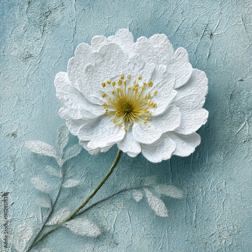 A white flower with a light blue background, a textured paper-like feel, a three-dimensional effect, a single object, a white peony flower, and an oil painting style.