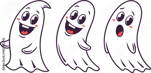 Three cartoon ghosts with different expressions standing in a row on a white background design art