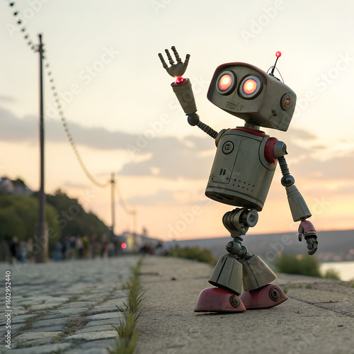A friendly robot on the seashore: A vintage robot waves a friendly greeting along the edge of the ocean with a backdrop of the sunset and people
