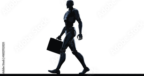 A silhouetted businessman walks purposefully with a briefcase isolated on white background