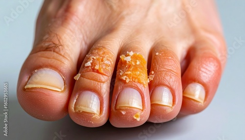 Close-up of fungal infection in toe gaps. Peeling, red, and irritated skin visualizes this common but uncomfortable foot problem clearly and realistically.