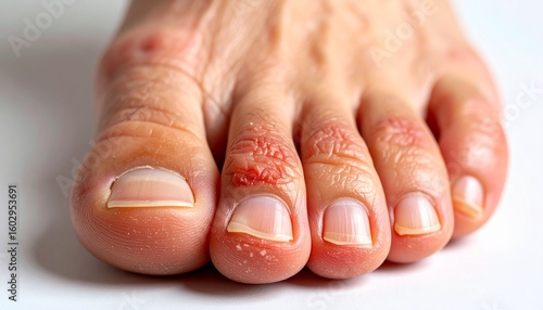 Close-up of fungal infection in toe gaps. Peeling, red, and irritated skin visualizes this common but uncomfortable foot problem clearly and realistically.
