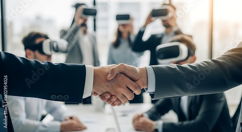 Two people wearing vr headsets shaking hands in a modern office during a business meeting