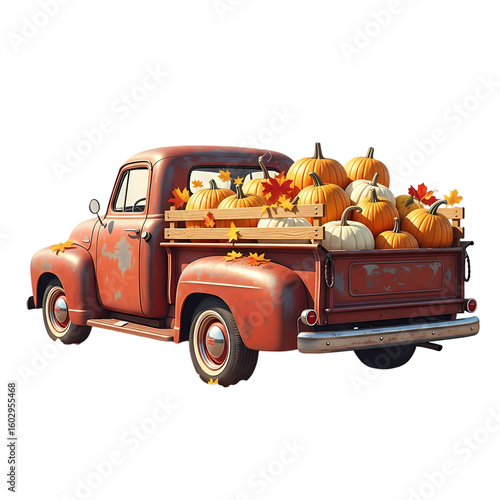 Vintage truck filled with pumpkins autumn harvest season on transparent background