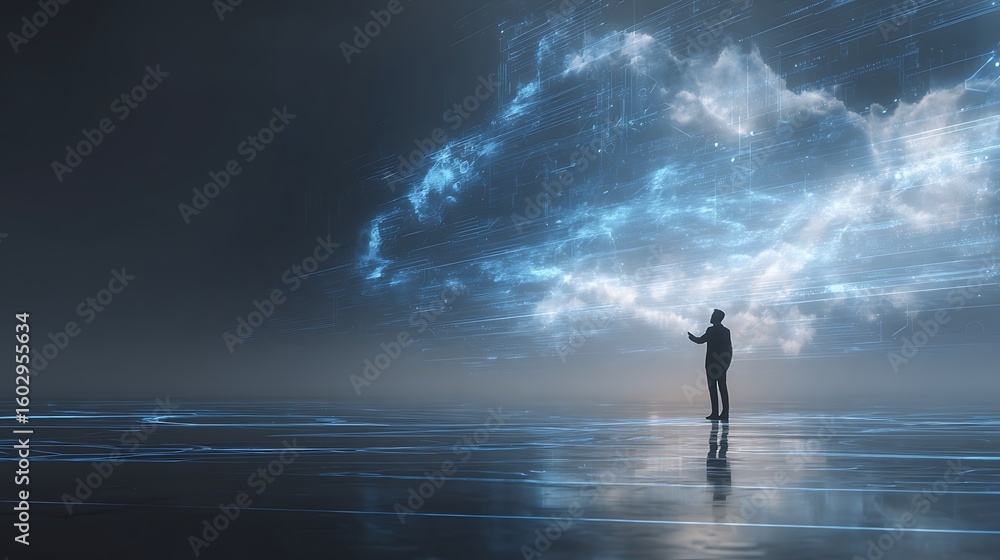 Silhouette of businessman interacting with futuristic digital cloud data interface; abstract, moody, technological concept. Silhouette of businessman interacting with futuristic digital cloud data interface; abstract, moody, technological concept.