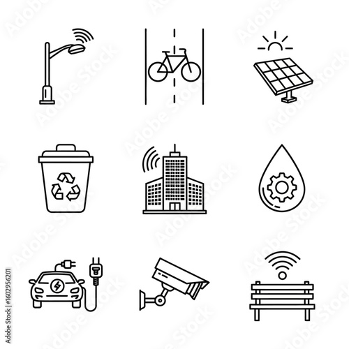 Smart City Icon Set: Technology & Sustainability for Modern Urban Planning , Green Technology Illustrations: Clean Energy, Eco-Friendly Transport & Sustainable Living