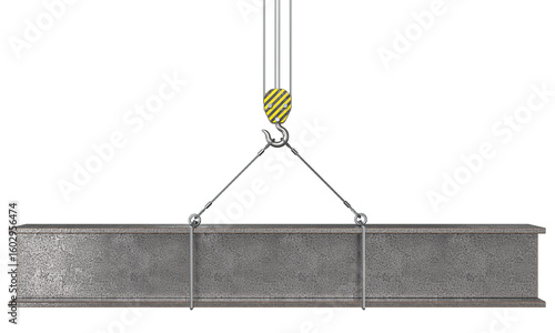 Fototapeta Naklejka Na Ścianę i Meble -  Crane hook lifting steel beam on transparent background 3d
