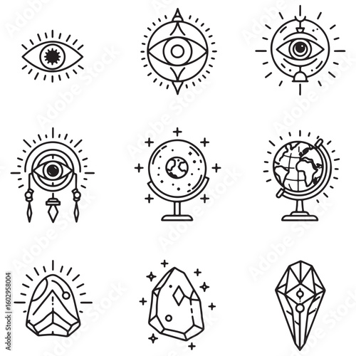 Hand drawn vector set of mystical elements including eyes planets and crystals in line art