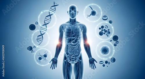Human anatomy with dna strand and cells floating around the body in a blue toned medical illustration
