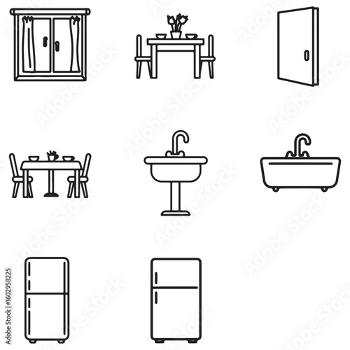 Illustrated home interior elements depicting window dining table door sink and refrigerator