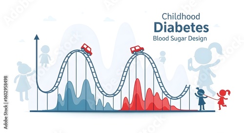 Illustration depicting childhood diabetes with a rollercoaster and blood sugar level fluctuations
