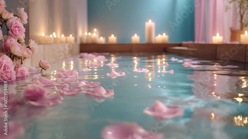 Soft pink rose petals float on water surface in spa bath surrounded by lit candles creating calm romantic atmosphere for relaxation and self care with flower and candle light ambiance
