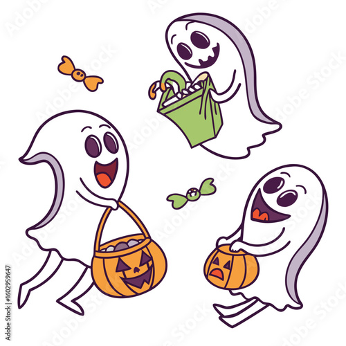 Three adorable cartoon ghosts happily collecting candy in pumpkin buckets and bags during halloween trick or treating