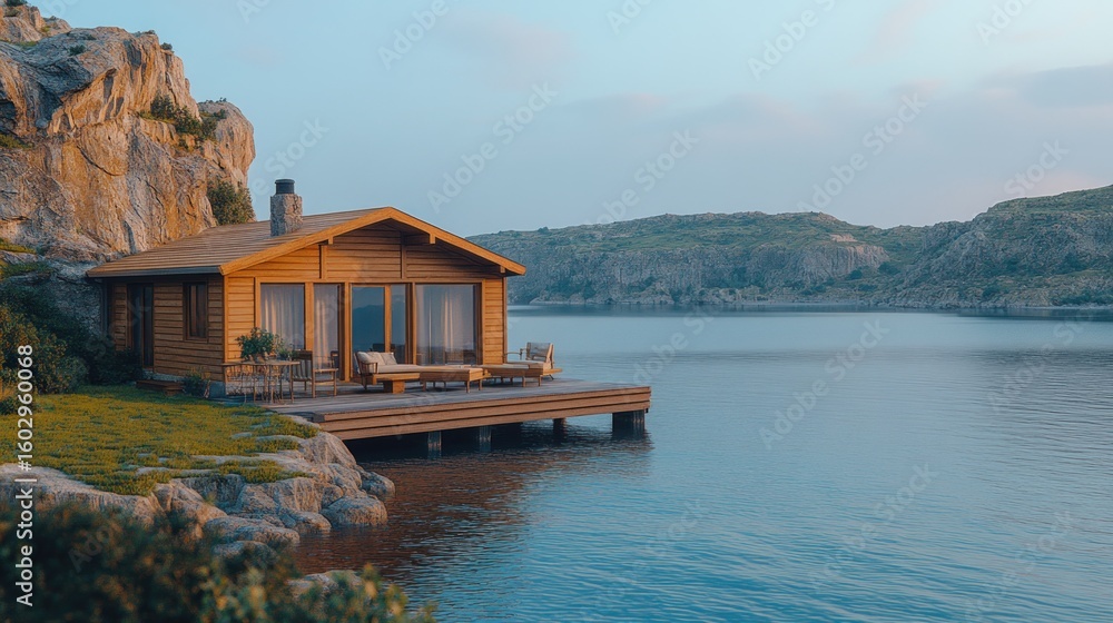 Naklejka premium Lakeside wooden cabin at dawn