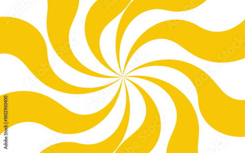 Abstract bright and energetic spiral background with alternating curved yellow and white segments. Motion and visual depth, resembling a pinwheel or vortex effect. Retro, playful, and eye-catching 