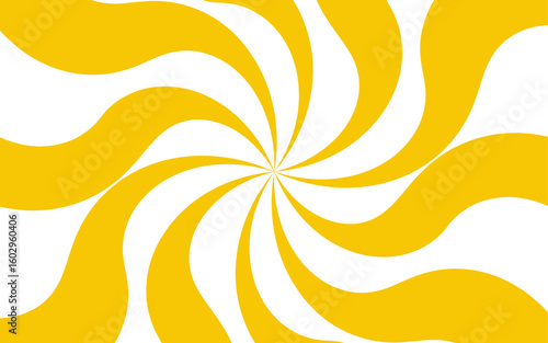 Abstract bright and energetic spiral background with alternating curved yellow and white segments. Motion and visual depth, resembling a pinwheel or vortex effect. Retro, playful, and eye-catching 