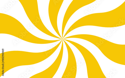 Abstract bright and energetic spiral background with alternating curved yellow and white segments. Motion and visual depth, resembling a pinwheel or vortex effect. Retro, playful, and eye-catching 