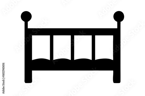 Baby Crib Icon – Flat Design of Infant Bed with Hanging Toys