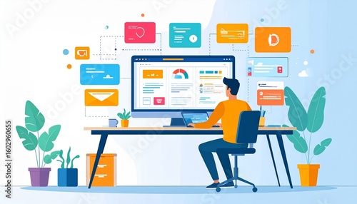 Contemporary flat vector of mobile app development and coding, UI/UX design process, programmer at desk, light interface, digital product design concept, tech startup scene. High quality. 