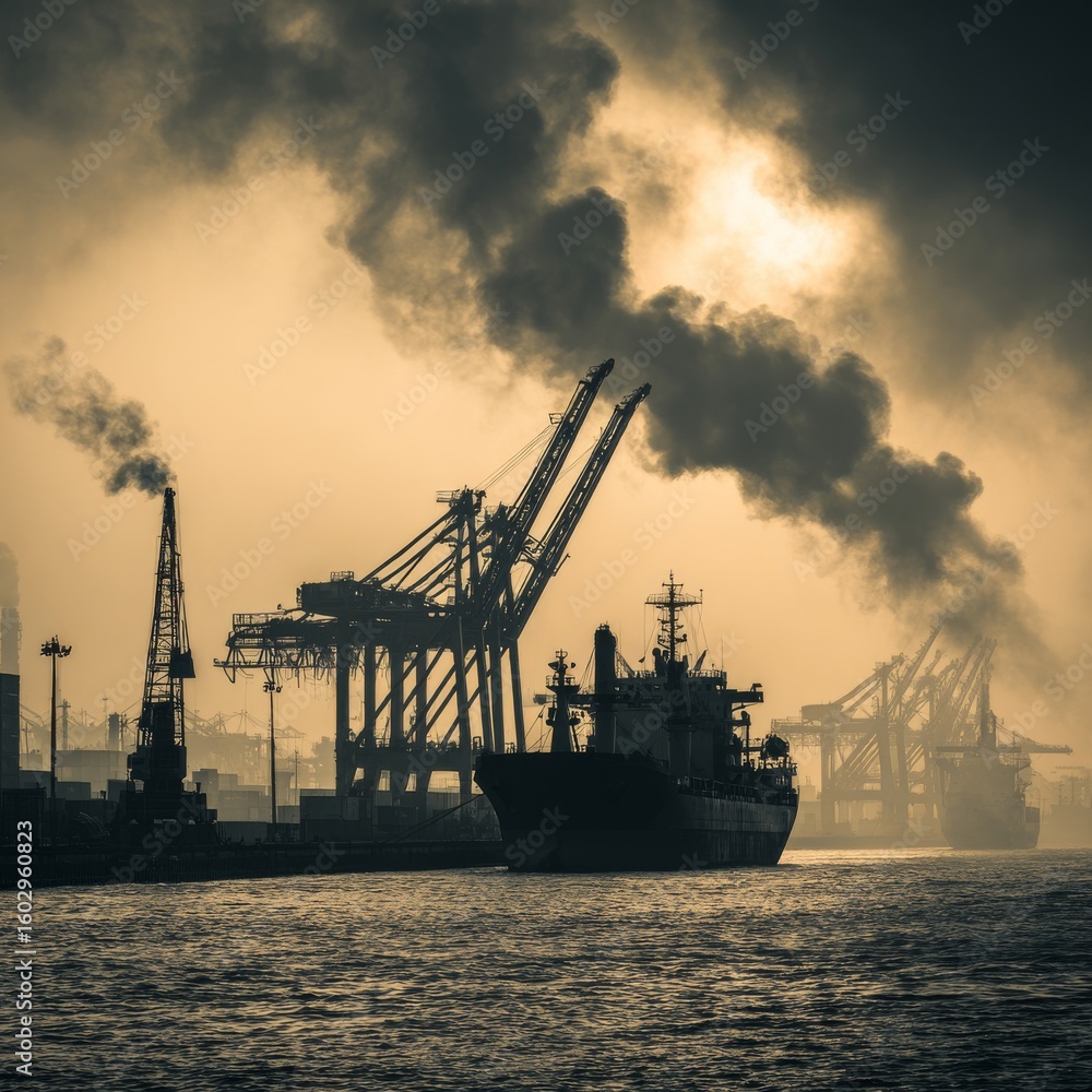 Fototapeta premium Industrial Port Scene with Cargo Ships and Cranes at Sunset