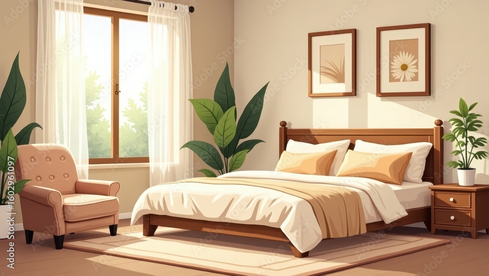 Naklejka premium Bedroom interior scene with a comfortable armchair and a large bed.
