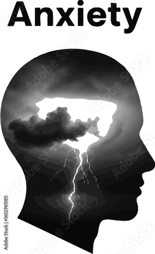Anxiety concept shows a silhouette of a head filled with stormy clouds and lightning, symbolizing mental health issues, stress, and the emotional turmoil associated with anxiety.