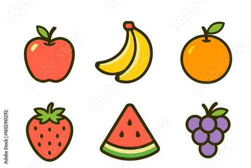 Colorful Fruit Selection: A vibrant assortment of fresh fruits, each element rendered in a delightful, cartoonish style, offering a playful representation of nature's bounty and healthy eating.