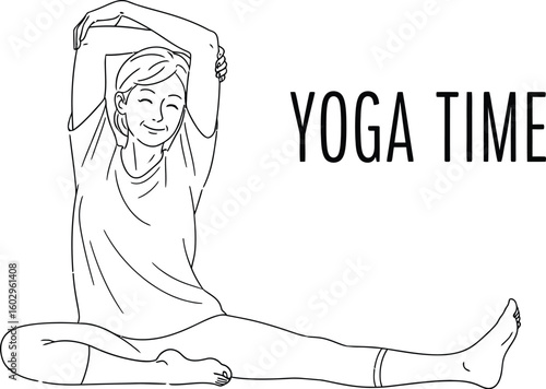 A woman is depicted in a yoga pose, stretching her arms and legs, with the words "YOGA TIME" beside her, creating a serene and motivational wellness concept.
