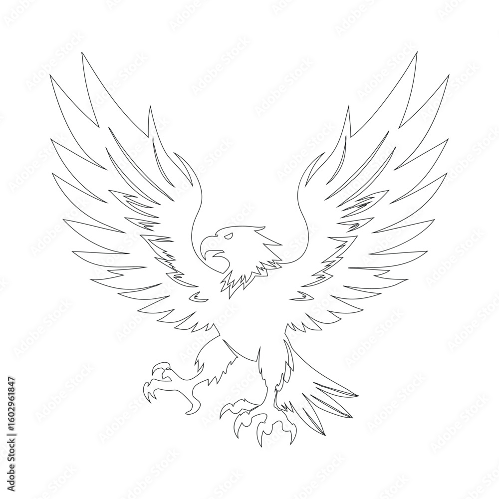 Obraz premium Line Art Silhouette of Flying Eagle with Spread Wings and Extended Talons