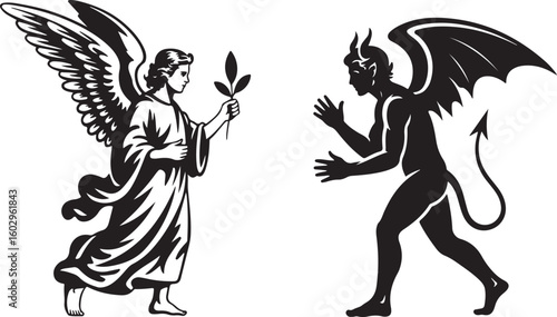 Angel and Devil Vector Illustration in Opposing Stance with Wings