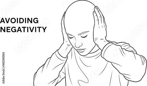 Line art illustration depicts a person covering their ears, symbolizing avoiding negativity and promoting mental wellness, suitable for concepts like stress relief and emotional health.
