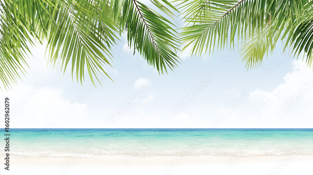 Fototapeta premium Tropical beach background with palm leaves and white sand