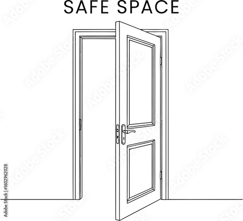 Open door illustration with the words "Safe Space" above it, creating a concept of safety, security, and mental health awareness, suitable for various design and creative projects.