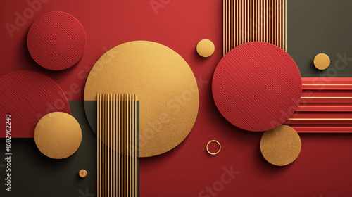 A red and gold abstract design with circles and stripes