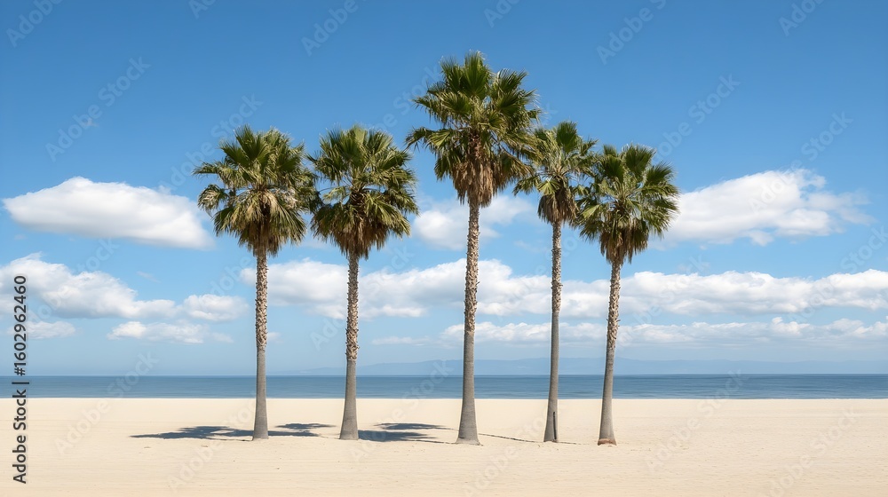 Fototapeta premium Five Palm Trees on Sandy Beach under Blue Sky ocean