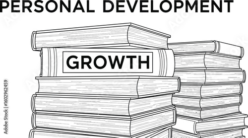 A stack of books with the words "Personal Development" above and "Growth" on one book spine illustrates learning, knowledge, and self-improvement concepts.