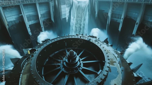 Hydroelectric turbine with water flow inside dam structure generates powerful energy using industrial machinery and metal components, optimizing water power for efficient energy production large