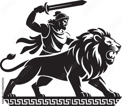 Ancient Warrior Riding a Lion Vector Illustration of Strength and Valor