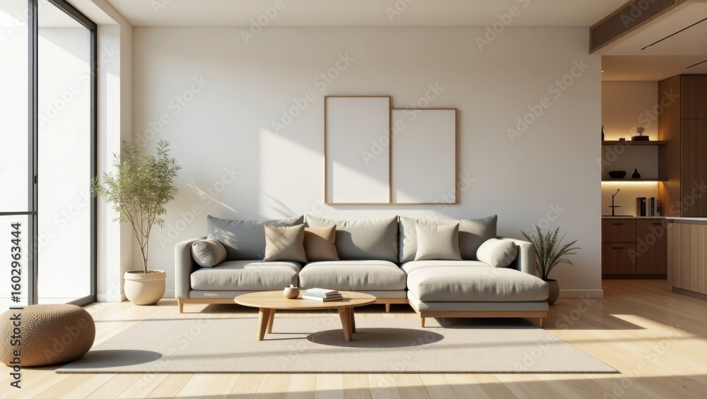 Fototapeta premium Modern living room interior design with light gray sectional sofa and wooden accents.