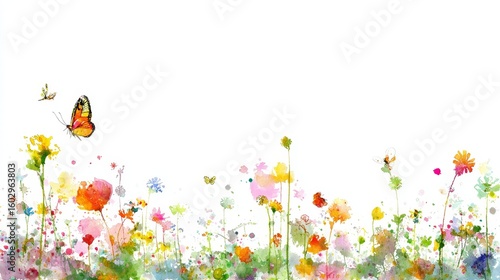 Colorful wildflower field with butterfly, a breathtaking display of nature's beauty