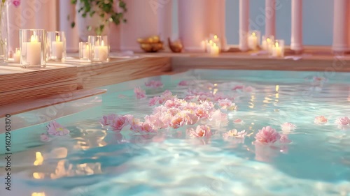 Soft pink flower petals float on clear water in serene spa pool with glowing candles and warm wooden accents creating peaceful relaxation and tranquil atmosphere
