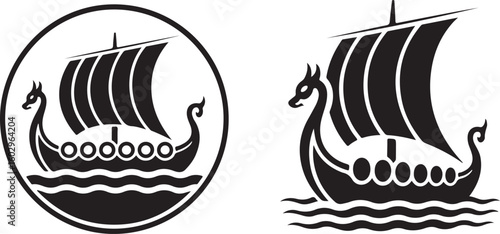 Viking Ship Drakkar Vector Illustration Set Nautical Nordic Boat Silhouette