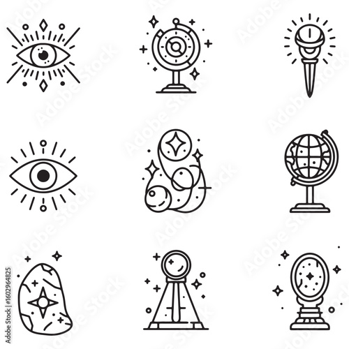 Mystical and esoteric line art icons depicting fortune telling astrology and divination